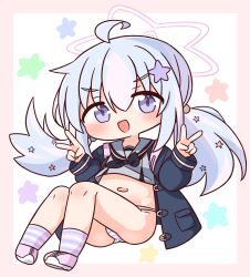 1girl :d ahoge black_neckerchief blue_archive blue_hair blue_jacket blush border chibi double_v full_body grey_sailor_collar grey_shirt hair_between_eyes hair_ornament halo hana_kazari hands_up highres jacket looking_at_viewer low_twintails multicolored_hair navel neckerchief no_pants open_clothes open_jacket open_mouth panties pink_border pink_hair pink_shoes purple_eyes reisa_(blue_archive) sailor_collar school_uniform serafuku shirt shoes smile socks solo star_(symbol) star_hair_ornament striped_clothes striped_panties striped_socks twintails two-tone_hair underwear v v-shaped_eyebrows white_background