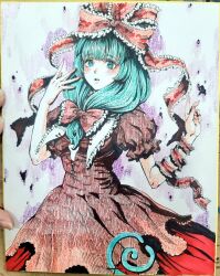 1girl arm_ribbon bow dress front_ponytail green_eyes green_hair hair_ribbon kagiyama_hina kuya_(hey36253625) looking_at_viewer ribbon solo touhou traditional_media