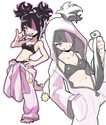 Rule 34 | 1girl, absurdres, barefoot, black bra, black hair, black panties, bra, breasts, candy, diagonal bangs, food, han juri, hand on own hip, highres, holding, holding panties, holding underwear, holding unworn clothes, lollipop, multicolored hair, multiple views, nail polish, navel, onesie, pajamas, panties, purple eyes, purple streaks, sach56000, short hair, smile, streaked hair, street fighter, street fighter 6, toenail polish, toenails, underwear