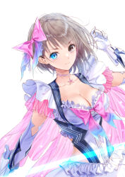 1girl absurdres blue_eyes blue_reflection_(series) blue_reflection_maboroshi_ni_mau_shoujo_no_ken bow bowtie breasts brown_hair choker cleavage collarbone frills gloves glowing glowing_weapon hair_bow heterochromia highres kishida_mel looking_at_viewer magical_girl medium_breasts shirai_hinako short_hair star_(symbol) star_choker weapon white_background white_gloves