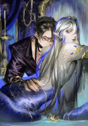 2boys absurdres genshin_impact h0psynth hand_on_another&#039;s_waist highres kissing_shoulder long_hair merman mirror monster_boy multiple_boys neuvillette_(genshin_impact) twitter water wriothesley_(genshin_impact) yaoi