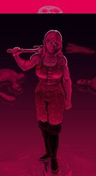 1girl abella_(fear_&amp;_hunger) bare_arms bare_shoulders boots closed_mouth collarbone commentary fear_&amp;_hunger_(series) fear_&amp;_hunger_2:_termina full_body hexenzsen highres holding holding_wrench long_hair looking_at_viewer monochrome overalls red_theme redrawn rher_(fear_&amp;_hunger) ripples solo_focus standing tank_top water wrench