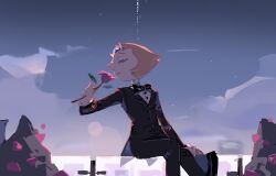 1girl black_suit flower formal_clothes pearl_(steven_universe) pilibeibeihuidameng pink_hair pointy_nose rose sad solo steven_universe suit