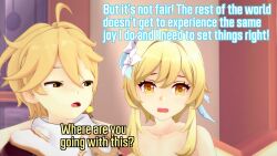 1boy 1girl 3d aether_(genshin_impact) blonde_hair brown_eyes english_text flower genshin_impact highres koikatsu_(medium) lumine_(genshin_impact) non-web_source yellow_eyes