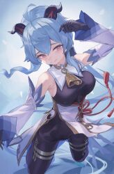 1girl absurdres ahoge armpit_crease bare_shoulders bell black_gloves blue_hair bodystocking breasts cowbell detached_sleeves ganyu_(genshin_impact) genshin_impact gloves goat_horns hair_between_eyes highres horns jewelry jun_daniell leotard leotard_under_clothes long_hair looking_at_viewer medium_breasts neck_bell purple_eyes smile solo thighlet white_sleeves