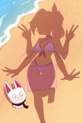 1girl absurdres artist_self-insert beach bikini blush closed_mouth commentary double_v dressed_shadow_(meme) english_commentary extra_arms hand_puppet highres implied_nudity looking_up meme nelly_(xyronii) original outdoors pointy_ears ponytail puppet purple_bikini purple_sarong sarong shadow standing standing_on_one_leg swimsuit unworn_bikini unworn_sarong v xyronii