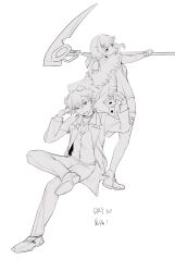 Rule 34 | 1boy, 1girl, absurdres, ace (playing card), ahoge, ambience synesthesia, animal ears, arknights, arm up, brother and sister, brother and step-sister, card, chinese commentary, closed mouth, collared shirt, commentary request, crossed legs, dog boy, dog ears, dog tags, dress, dress shoes, english text, fur-trimmed jacket, fur (clothing), fur trim, fuuuuuy, hair between eyes, hair ornament, hairclip, hand on own head, hand up, head tilt, highres, holding, holding card, holding scythe, jacket, jewelry, la pluma (arknights), looking at viewer, looking back, looking to the side, messy hair, monochrome, multiple necklaces, necklace, open clothes, open jacket, open mouth, open shirt, pants, playing card, sandals, scarf, scythe, shirt, shoes, short hair, siblings, sitting, sleeveless, sleeveless dress, smile, step-brother and step-sister, step-siblings, tequila (arknights), tequila (cardwinner) (arknights), thick eyebrows, thigh strap, v-shaped eyebrows, white background