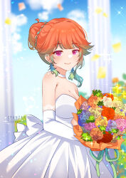 Rule 34 | 1girl, absurdres, bare shoulders, blue flower, blue rose, blue sky, bouquet, braid, braided bun, breasts, choker, cleavage, closed mouth, cyanzan, dress, elbow gloves, flower, gloves, gradient hair, green hair, hair bun, highres, holding, holding bouquet, hololive, hololive english, large breasts, looking at viewer, multicolored hair, off-shoulder dress, off shoulder, orange flower, orange hair, orange rose, pillar, pink flower, pink rose, purple eyes, red flower, red rose, rose, sky, smile, solo, takanashi kiara, upper body, virtual youtuber, wedding dress, white choker, white dress, white gloves, yellow flower, yellow rose