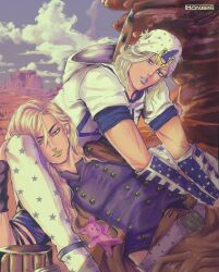 2boys artist_name bandana belt blonde_hair blue_eyes blue_gloves blue_lips blue_sky brown_pants canyon commentary cowboy_shot elbow_gloves english_commentary feet_out_of_frame gloves green_eyes green_lips grey_belt gyro_zeppeli hair_between_eyes henoopd highres hood hoodie horseshoe_ornament johnny_joestar jojo_no_kimyou_na_bouken long_hair looking_at_viewer lying male_focus medium_hair multiple_boys nature on_back outdoors pants parted_lips purple_shirt shirt sitting sky star_(symbol) star_print steel_ball_run stuffed_animal stuffed_toy teddy_bear toned toned_male white_bandana white_hoodie white_pants
