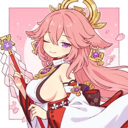 1girl ;) animal_ears bare_shoulders blush breasts commentary_request detached_sleeves earrings fingernails fox_ears from_side gem genshin_impact gohei hair_between_eyes holding holding_gohei jewelry large_breasts long_hair looking_at_viewer nontraditional_miko one_eye_closed onyhakase pink_hair purple_eyes purple_gemstone shirt sideboob sleeveless sleeveless_shirt smile solo very_long_hair white_shirt white_sleeves yae_miko