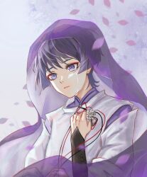 1boy blunt_ends bright_pupils clothing_cutout crying crying_with_eyes_open delisha_lia eyelashes eyeliner eyeshadow falling_petals genshin_impact highres japanese_clothes kariginu kimono layered_sleeves looking_to_the_side makeup male_focus open_mouth petals pink_petals pom_pom_(clothes) purple_eyes purple_kimono purple_sleeves purple_veil red_eyeliner red_eyeshadow scaramouche_(genshin_impact) scaramouche_(kabukimono)_(genshin_impact) see-through_clothes see-through_veil shoulder_cutout signature solo string tears upper_body veil white_pupils white_sleeves wispy_bangs