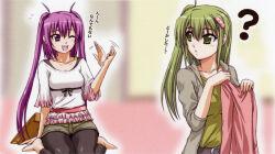 Rule 34 | 2girls, ?, absurdres, barefoot, beatmania iidx, bemani, breasts, goli matsumoto, green eyes, green hair, hair between eyes, hair ornament, highres, kitami erika, long hair, medium breasts, mizushiro celica, multiple girls, official art, one eye closed, open mouth, pink eyes, pink hair, side ponytail, sidelocks, sitting, smile, teeth, twintails, upper teeth only, wariza