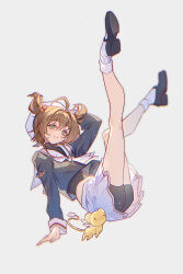 1girl adjusting_clothes adjusting_headwear bike_shorts_under_skirt black_jacket black_shorts cardcaptor_sakura cloudyman commentary falling full_body hair_bobbles hair_ornament hat highres jacket kero_(cardcaptor_sakura) kinomoto_sakura legs_up looking_at_viewer mary_janes midriff_peek sailor_collar school_uniform shoe_soles shoes short_hair short_twintails shorts skirt smile socks solo tomoeda_elementary_school_uniform twintails white_hat white_sailor_collar white_skirt white_socks