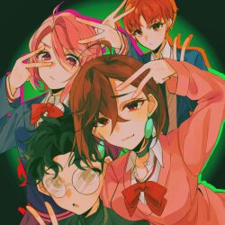 2boys 2girls ayase_momo black_choker black_hair blue_jacket bow bowtie breasts brown_eyes brown_hair choker closed_mouth collarbone collared_shirt commentary_request dandadan double_v earrings enjoji_jin futabababa_28 gakuran glasses gradient_background hair_behind_ear hair_between_eyes hand_up hashtag-only_commentary highres jacket jewelry kami_high_school_uniform leaning_on_person long_sleeves looking_at_viewer loose_bowtie medium_breasts messy_hair multiple_boys multiple_girls pink_hair pink_sweater red_bow red_bowtie red_eyes red_hair round_eyewear school_uniform shiratori_aira_(dandadan) shirt short_hair sweater takakura_ken_(dandadan) upper_body v white_shirt