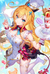 1girl apron aqua_eyes bare_shoulders black_bow black_bowtie blonde_hair blue_background blush bow bowtie braid breasts chef_hat cherry cowlick donut escoffier_(genshin_impact) food fruit genshin_impact hair_ornament hat highres holding holding_spoon ice_cream ice_cream_cone large_breasts lightria long_hair looking_at_viewer macaron no_shoes parfait red_bow smile solo spoon strawberry thighhighs thighs v-shaped_eyebrows very_long_hair white_apron white_hat white_thighhighs wrist_cuffs