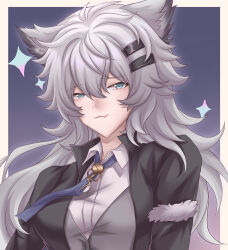 1girl absurdres animal_ears arknights black_jacket border closed_mouth collared_shirt fang grey_eyes grey_hair hair_ornament hairclip highres jacket lappland_(arknights) lappland_(refined_horrormare)_(arknights) long_hair looking_at_viewer messy_hair official_alternate_costume outside_border shen_kong_huajian shirt skin_fang solo star_(symbol) upper_body white_border white_shirt wing_collar wolf_ears