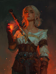 Rule 34 | 1girl, absurdres, brown gloves, ciri, embers, facial scar, gloves, green eyes, highres, magic, scar, scar on cheek, scar on face, shirt, solo, tasha tikhonova, the witcher (series), the witcher 3, white hair, white shirt