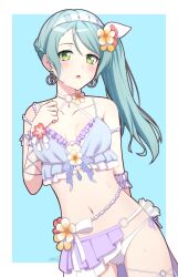 1girl absurdres aqua_hair armlet bang_dream! beads bikini blue_bikini blush border braid breasts commentary earrings english_commentary green_eyes hair_between_eyes highres hikawa_sayo jewelry long_hair looking_at_viewer medium_breasts navel open_mouth outside_border satou_yuzuki side_ponytail solo stomach swimsuit thigh_strap white_bikini white_border