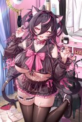 1girl absurdres animal_ear_fluff animal_ears bikini black_bikini black_hair black_thighhighs bra breasts cat_ears cat_girl cat_tail collar commentary cream disco_ball fang fingernails frilled_garter frilled_thigh_strap hairband heart heart_o-ring high_heels highres huge_breasts large_breasts leon_v long_fingernails mask mouth_mask multicolored_hair nail_polish o-ring o-ring_thigh_strap original paw_pose pink_collar pink_hair pink_nails sailor_collar skin_fang skirt smile solo streaked_hair suggestive_fluid swimsuit symbol-only_commentary tail tail_ornament thigh_strap thighhighs underboob underwear unworn_bra unworn_mask white_skirt