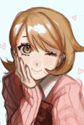 1girl blush bow bowtie brown_eyes brown_hair camera cardigan hand_on_own_cheek hand_on_own_face heart heart_background highres holding holding_camera inkxolotl nail_polish nose_blush one_eye_closed persona persona_3 pink_cardigan red_bow red_bowtie smile swept_bangs takeba_yukari white_background
