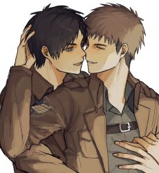 2boys arm_up belt belt_buckle black_belt breast_pocket brown_hair brown_jacket buckle chest_belt closed_eyes collared_shirt commentary_request emblem eren_yeager fingernails green_eyes grey_shirt hand_on_another&#039;s_head highres imminent_kiss jacket jean_kirstein lapels looking_at_another male_focus military_uniform mori_28mori multicolored_hair multiple_boys open_collar open_mouth paradis_military_uniform parted_bangs pocket shingeki_no_kyojin shirt short_hair sideburns simple_background smile teeth two-tone_hair upper_body white_background wing_collar yaoi