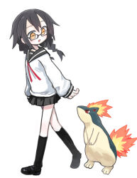 1girl absurdres black_hair black_sailor_collar black_shoes black_skirt black_socks blush braid commentary_request crossover floating_hair from_side full_body gen_2_pokemon glasses highres kibisake kneehighs loafers long_hair long_sleeves looking_at_creature looking_back looking_down low_twin_braids miniskirt nintendo null-meta open_mouth pleated_skirt pokemon pokemon_(creature) quilava sailor_collar school_uniform serafuku shirt shoes skirt smile socks solo souen_chiaki twin_braids walking white_shirt yellow_eyes