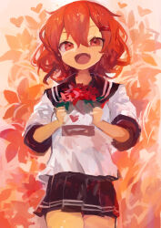 1girl absurdres black_sailor_collar black_skirt commentary fang flower hair_between_eyes hair_ornament hairclip heart highres holding ikazuchi_(kancolle) kaamin_(mariarose753) kantai_collection looking_at_viewer neckerchief open_mouth pleated_skirt red_eyes red_flower red_hair red_neckerchief sailor_collar school_uniform serafuku skin_fang skirt solo