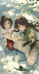 2girls absurdres brown_hair commentary_request dirty dirty_clothes dirty_face domyoji_karin hakama highres holding holding_sword holding_weapon idolmaster idolmaster_cinderella_girls japanese_clothes katana looking_at_another looking_at_viewer miko multiple_girls outdoors red_hakama samurai sanpo_(sanpo_1027) sword takamori_aiko tears weapon