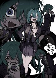 Rule 34 | 1girl, absurdres, aqua eyes, aqua hair, black jacket, black skirt, blush, eyepatch, freckles, hatsune miku, heart, heart-shaped pupils, highres, jacket, jihecchi, long hair, looking at viewer, medical eyepatch, monitoring (vocaloid), multiple views, narrowed eyes, open mouth, pleated skirt, simple background, skirt, smile, speech bubble, symbol-shaped pupils, translated, twintails, very long hair, vocaloid, white background
