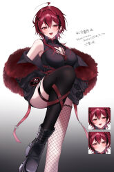 1girl :d absurdres ahoge bare_shoulders black_boots black_dress black_hair black_jacket black_straps black_thighhighs blush boots breasts chain chain_necklace china_dress chinese_clothes cleavage_cutout clothing_cutout commentary_request cross cross_earrings cross_necklace dress earrings fur-trimmed_jacket fur_trim gradient_background hair_between_eyes hair_ornament hairclip hands_in_pockets heart heart_cutout highres jacket jewelry kumo_tabetai large_breasts leg_up looking_at_viewer medium_hair monochrome_background multicolored_hair multiple_faces necklace open_clothes open_jacket open_mouth original red_eyes red_fur red_hair red_ribbon ribbon round_eyewear single_fishnet_legwear single_thighhigh smile solo streaked_hair thigh_strap thighhighs unworn_eyewear watermark x_hair_ornament