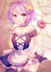 1girl alternate_costume apron backlighting bare_shoulders black_dress bloom blush bow breasts chain choker cleavage commentary_request contrapposto cowboy_shot dress ear_piercing earclip enmaided eyeball frilled_choker frills garter_straps hair_bow hair_ornament hand_to_own_mouth hand_up heart heart-shaped_pupils heart_hair_ornament highres indoors komeiji_satori looking_at_viewer maid maid_headdress medium_breasts off-shoulder_dress off_shoulder parted_lips petticoat piercing pink_eyes puffy_short_sleeves puffy_sleeves purple_hair short_hair short_sleeves smile solo sparkle suzukkyu swept_bangs symbol-shaped_pupils thighhighs third_eye touhou waist_apron white_apron wrist_cuffs
