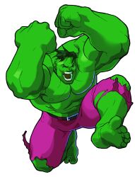1990s_(style) 1boy abs absurdres arms_up barefoot belt bengus clenched_hands colored_skin full_body game_cg green_skin highres hulk knee_up male_focus marvel marvel_super_heroes_vs._street_fighter marvel_vs._capcom muscular muscular_male non-web_source official_art open_mouth pants pectorals purple_pants retro_artstyle short_hair simple_background solo toes topless_male torn_clothes torn_pants white_background