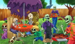 2girls 5boys apron artist_name backyard beehive_hairdo blonde_hair book book_of_life_(yu-gi-oh!) bowl_cut box brown_hair bug burger chair commentary cooking crown cup day dog dress duel_monster eldlich_the_golden_lord english_commentary facial_hair fence flower food food_print fruit_print glow-up_bloom goosebumps_(series) grass grill grilling holding holding_box leash midnitedreamsart multiple_boys multiple_girls mustache nettles_(yu-gi-oh!) open_mouth outdoors own_hands_clasped own_hands_together pants parasol parody shirt shoes short_hair shorts sitting skeleton skull_dog_marron skull_servant snyffus soul-absorbing_bone_tower spider table teacup the_lady_in_wight tree umbrella watermark white_hair wightbaking wightmare wightprince wightprincess wooden_fence yu-gi-oh!