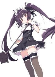 1girl belt black_hair black_thighhighs blush breasts dutch_angle female_focus golf_club hair_ornament hair_ribbon ixy kooh long_hair looking_at_viewer mace maid_headdress pangya red_eyes ribbon simple_background small_breasts solo spiked_mace spikes thighhighs twintails weapon white_background