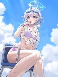 bikini blue_archive blue_eyes braid chair eyewear_on_head goggles halo highres holding holding_whistle kirino_(blue_archive) kirino_(swimsuit)_(blue_archive) nez_(nez_0_0) on_chair purple_bikini single_braid swim_goggles swimsuit v-shaped_eyebrows wet wet_clothes whistle