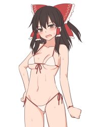 Rule 34 | 1girl, arm at side, bikini, blush, bow, breasts, brown eyes, brown hair, frilled bow, frills, front-tie bikini top, front-tie top, hair bow, hair tubes, hakurei reimu, halterneck, hand on own hip, highres, looking at viewer, medium breasts, miyo (ranthath), navel, open mouth, short hair, side-tie bikini bottom, simple background, solo, strap gap, string bikini, swimsuit, touhou, white background, white bikini