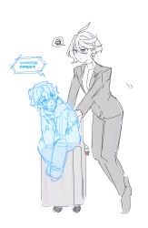 Rule 34 | 2girls, absurdres, black jacket, black pants, black suit, bluish gray cat, closed mouth, commentary, ericht samaya, formal clothes, grey eyes, grey hair, gundam, gundam suisei no majo, highres, hologram, hots (gundam suisei no majo), jacket, korean text, miorine rembran, multiple girls, pants, rolling suitcase, scar, scar on face, shirt, short hair, simple background, speech bubble, spoken squiggle, squiggle, suit, suitcase, translation request, white background, white shirt