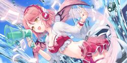 1girl alternate_costume bikini bird_wings blue_sky breasts cleavage cloud collarbone day game_cg headphones highres holding holding_megaphone large_breasts leg_ribbon megaphone musical_note musical_staff mystia_lorelei navel official_art open_mouth outdoors parufeito pink_hair red_bikini red_nails red_skirt ribbon scrunchie skirt sky solo stadium stomach swimsuit thigh_ribbon third-party_source touhou touhou_lostword water wings wrist_scrunchie yellow_eyes