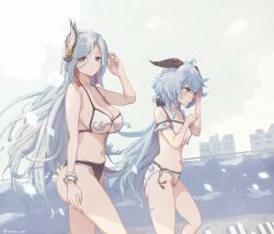 2girls absurdres alternate_costume bikini black_bikini blue_hair blue_nails breasts building cleavage closed_mouth commentary_request contemporary earrings feet_out_of_frame floating_hair ganyu_(genshin_impact) genshin_impact goat_horns hair_between_eyes hair_ornament hand_up highres horns jewelry large_breasts long_hair long_hair_between_eyes looking_at_viewer medium_breasts mismatched_bikini multiple_girls nail_polish navel outdoors purple_eyes scrunchie shenhe_(genshin_impact) side-tie_bikini_bottom swimsuit takumi_(user_xmwf4727) twitter_username very_long_hair wet white_bikini wind wrist_scrunchie