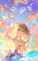 1girl beach bracelet bubble cloud collarbone commentary_request dress frilled_shirt frills green_dress green_hair hat highres jewelry kanaria_wa_kyuukyou_ni_utau_(project_sekai) koa_soragasuki kusanagi_nene long_sidelocks low-tied_sidelocks official_alternate_costume project_sekai purple_eyes shirt sidelocks smile solo straw_hat sun_hat sunset waves white_shirt