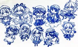 black_hair blonde_oekaki_girl_(touhou) blonde_shrine_maiden_from_a_future_era_(touhou) bow chibi dolls_in_pseudo_paradise erhu girl_who_trained_on_mt._haku_(touhou) hair_bow hair_ornament hat highres hourai_girl_(touhou) jacket_girl_(dipp) japanese_clothes label_girl_(dipp) looking_at_viewer miko moonlight&#039;s_anti-soul_(touhou) multiple_girls portrait_of_exotic_girls rokki_hero satsuki_rin smile touhou traditional_media