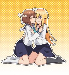 Rule 34 | 2girls, antlers, black socks, blonde hair, blue neckerchief, blue sailor collar, blue skirt, brown hair, cheek-to-cheek, deer antlers, deer girl, full body, gradient background, heads together, highres, hino minami high school uniform, horns, kneehighs, kneeling, koshi torako, long hair, miniskirt, multiple girls, n0 image, neckerchief, one eye closed, outline, pleated skirt, polka dot, polka dot background, purple eyes, sailor collar, sailor shirt, school uniform, shikanoko noko, shikanoko nokonoko koshitantan, shirt, short hair, skirt, socks, straight hair, very long hair, white outline, white polka dots, white shirt, white socks, yellow background