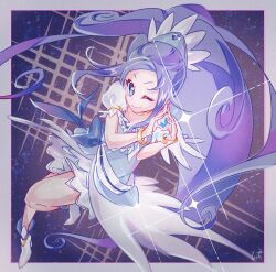 1girl bare_legs blue_background blue_bow blue_dress blue_eyes blue_hair blue_hairband boots border bow bracelet brooch choker closed_mouth collarbone cure_diamond curly_hair diamond_(shape) dokidoki!_precure dot_nose dress eyelashes feather-trimmed_dress floating_clothes floating_hair forehead frilled_hairband frilled_sleeves frills full_body glowing gold_bracelet grey_border hairband happy heart heart_brooch high_heel_boots high_heels high_ponytail highres hishikawa_rikka jewelry light_particles long_hair magical_girl medium_dress miniskirt one_eye_closed outside_border pink_pupils ponytail precure puffy_short_sleeves puffy_sleeves shipu_(gassyumaron) short_sleeves signature skirt skirt_under_dress smile solo sparkle tareme very_long_hair waist_bow white_boots white_skirt white_sleeves yellow_choker