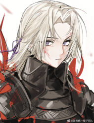 1girl armor blonde_hair blood blood_on_face blurry blurry_background chinese_commentary close-up closed_mouth edelgard_von_hresvelg fire_emblem fire_emblem:_three_houses flame_emperor hair_ribbon highres long_hair looking_to_the_side messy_hair nintendo no_mask parted_bangs purple_eyes purple_ribbon ribbon simple_background siy_(shengxiu760722) solo spoilers upper_body watermark weibo_watermark white_background