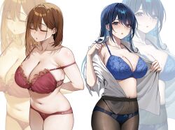 2girls arms_behind_back blue_eyes blue_hair blush bow bow_panties bra breasts brown_hair cleavage closed_eyes earrings facing_to_the_side floral_print_bra highres jewelry lace lace_bra large_breasts lingerie long_hair looking_at_viewer mole mole_on_breast mole_under_eye multiple_girls open_clothes open_mouth original panties pantyhose print_bra red_bra red_panties shirt short_hair sweatdrop udon_(udonalium) underwear white_shirt