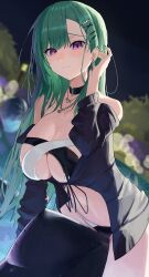 1girl absurdres bikini black_collar blush breasts closed_mouth collar collarbone ear_piercing earrings green_hair hair_behind_ear highres jewelry large_breasts long_hair mole mole_on_breast multicolored_bikini navel necklace night night_sky piercing purple_eyes ronununn sky solo stomach swimsuit two-tone_bikini virtual_youtuber vspo! yakumo_beni