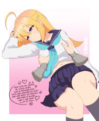 Rule 34 | 1boy, 1girl, arm above head, arm up, artist name, blonde hair, blue neckerchief, blue sailor collar, blue skirt, breasts, closed mouth, dot mouth, dot nose, english text, expressionless, eyelashes, feet out of frame, grabbing another&#039;s breast, gradient background, groping, half-closed eyes, hetero, hypnosis, koshi torako, kronobas, long hair, long sleeves, looking afar, lying, medium breasts, mind control, navel, neckerchief, on back, pink background, purple eyes, sailor collar, shikanoko nokonoko koshitantan, shirt, skirt, solo focus, speech bubble, two-tone background, white background, white shirt