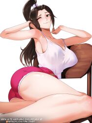 1girl artist_name bare_shoulders breasts brown_eyes brown_hair capcom chair cleavage collarbone english_text fatal_fury female_focus high_ponytail highres large_breasts matching_hair/eyes official_alternate_costume opalisart parted_bangs patreon_logo patreon_username ponytail red_shorts shiranui_mai short_shorts shorts snk solo street_fighter street_fighter_6 tank_top the_king_of_fighters watermark web_address white_tank_top