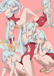 1girl absurdres aqua_eyes armpits arms_up ass back_cutout bare_legs bare_shoulders breasts carlotta_(splashing_summer)_(wuthering_waves) carlotta_(wuthering_waves) casual_one-piece_swimsuit closed_mouth clothing_cutout commentary covered_navel english_commentary fingernails frilled_one-piece_swimsuit frills grey_hair hairband highleg highleg_one-piece_swimsuit highres innertube jewelry legs light_blush long_hair looking_at_viewer lufi_ays medium_breasts multiple_views necklace off-shoulder_one-piece_swimsuit off_shoulder official_alternate_costume one-piece_swimsuit parted_bangs pink_background pink_one-piece_swimsuit sandals smile squatting swim_ring swimsuit tacet_mark_(wuthering_waves) thighs toes tying_hair wuthering_waves yellow_hairband