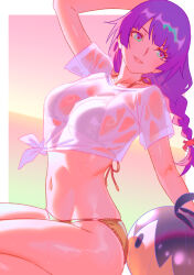 Rule 34 | 1girl, bakemonogatari, ball, beachball, bikini, border, breasts, gold bikini, highres, large breasts, long braid, long hair, monogatari (series), multicolored eyes, navel, parted lips, purple hair, rapa rachi, see-through clothes, see-through shirt, senjougahara hitagi, shirt, solo, stomach, sunset, swimsuit, thighs, tied shirt, two-tone eyes, wet, wet clothes, wet shirt, white border, white shirt